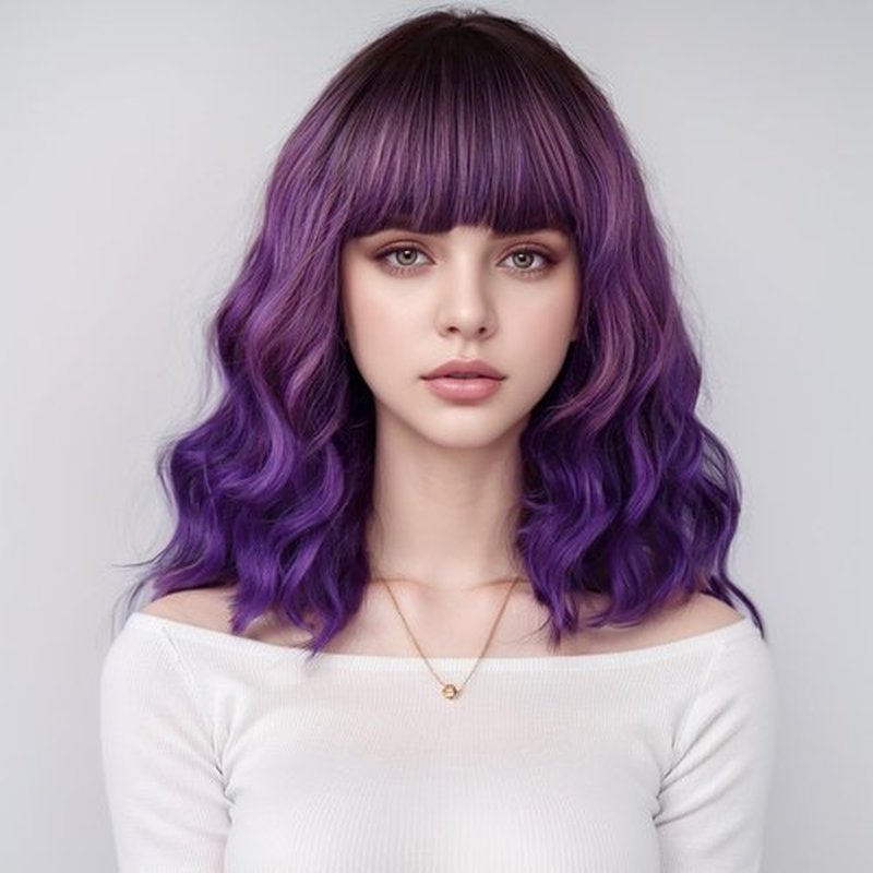 WTHCOS Purple Wigs for Women Short Curly Wavy Purple Wig Ombre Purple Wig with Dark Roots Purple Bob Synthetic Wigs for Cosplay Costume Party with Wig Cap (Ombre Purple)