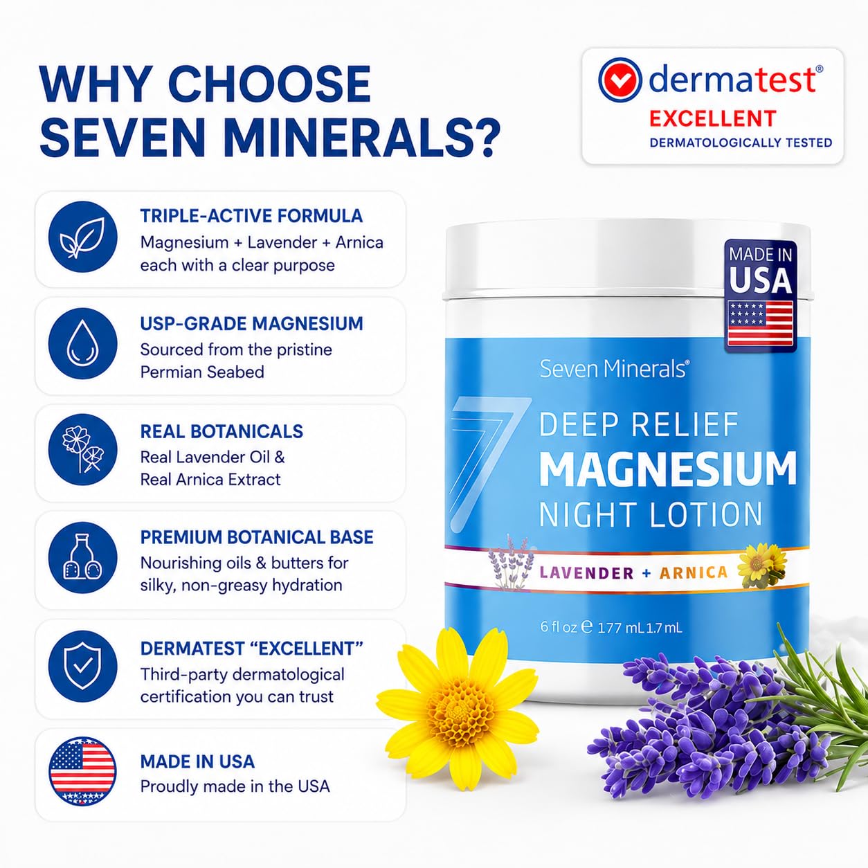 Seven Minerals Deep Relief Magnesium Night Lotion - Lavender + Arnica Cream for Deep Sleep & Muscle Relief - Calms Legs, Soothes Sore Back, Neck & Shoulders - USP Grade, Made in USA, 6 Fl Oz
