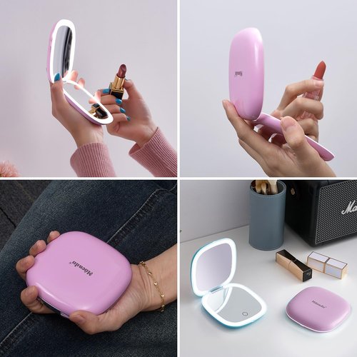 Mocado Compact LED Travel Makeup Mirror - 4 Inches 1X/10X Magnification Travel Mirror with Light Dimmable Double Sides Lighted USB Rechargeable Compact Mirror for Purse,Pocket,Travel(Purple)