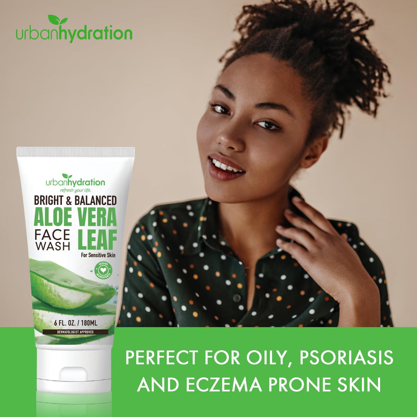 Urban Hydration Bright & Balanced Aloe Vera Leaf Face Wash | Gentle, Hydrates, Detoxes, Helps with Acne, Benefits For All Skin Types, Leaves Skin Moisturized and Smooth | 6 Fl Ounce