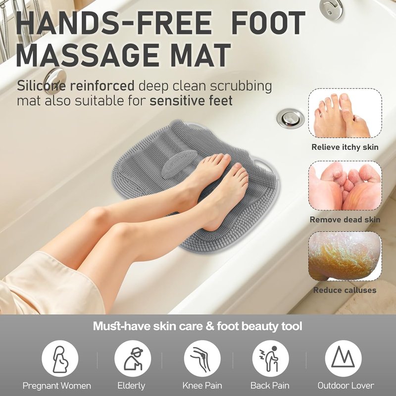 Shower Foot Scrubber Mat - XL Silicone Massage Cleaner with Non-Slip Suction Cups | 17.4x13 Grey
