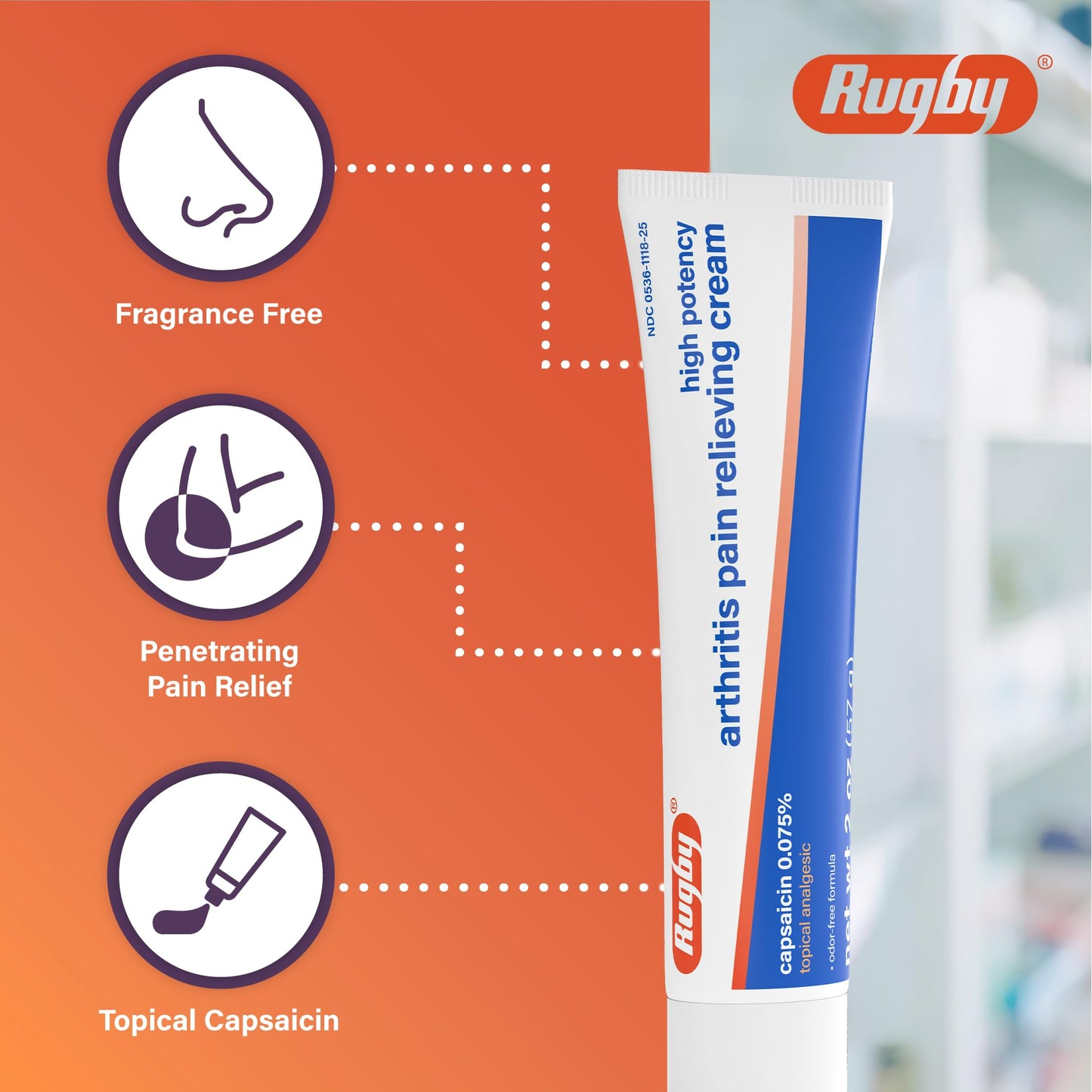 Rugby High Potency Capsaicin 0.075% Cream - Pain Relief Cream for Arthritis - 2 Oz (57g), (4 Pack)