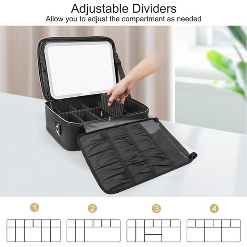 Relavel Makeup Case Large Makeup Bag with LED Mirror, Professional Train Case 16.2 inch, Travel Cosmetic Organizer Brush Holder Waterproof Makeup Artist Storage Box with Adjustable Strap