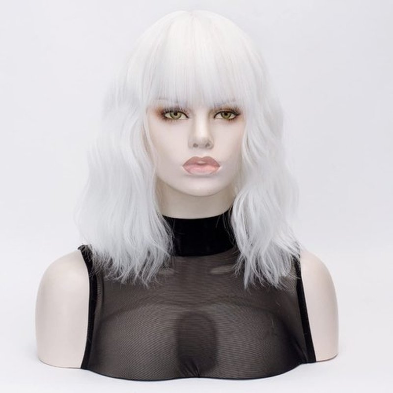 QACCF Short White Wig Short Wavy Pelucas Shoulder Length Women Full Bang Heat Resistant Women Party Realistic Wig (Ivory)