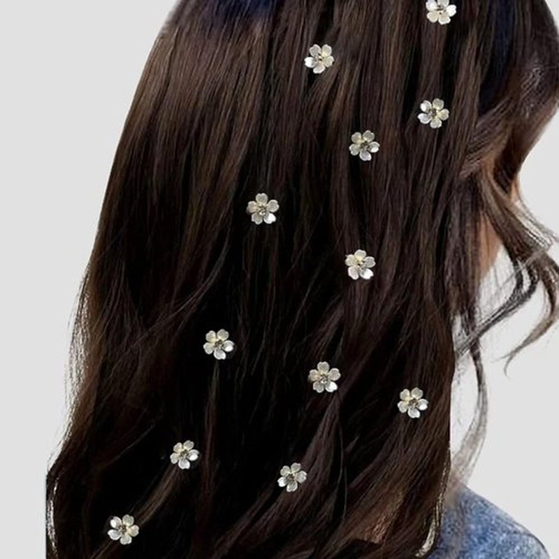 10pcs Mini Flower Hair Clip - Hair Styles DIY Accessories with Rhinestone Designs White Flower Hair Button Hair Ring for Thin/Thick Hair, Cute Small Flower Claw Hair Clips Hair Barrettes