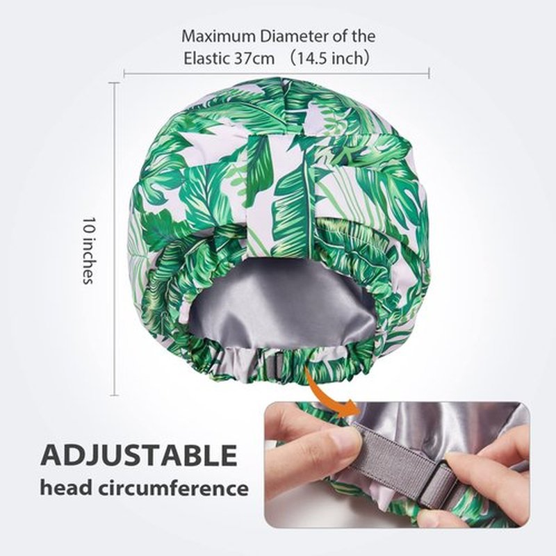 INNELO Luxury Shower Cap for Women Reusable Waterproof, Double Layered Shower Hair Cap with Adjustable Elastic Strap, Large Satin Lined Shower Bath Cap for Long Curly Straight Hair, Palm leaves