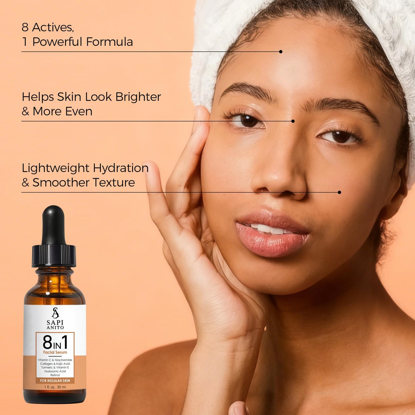 Sapi Anito 8-in-1 Facial Serum for Regular Skin, 1 fl oz (30 ml) – Vitamin C, Niacinamide, Hyaluronic Acid, Retinol, Kojic Acid, Turmeric, Vitamin E & Collagen