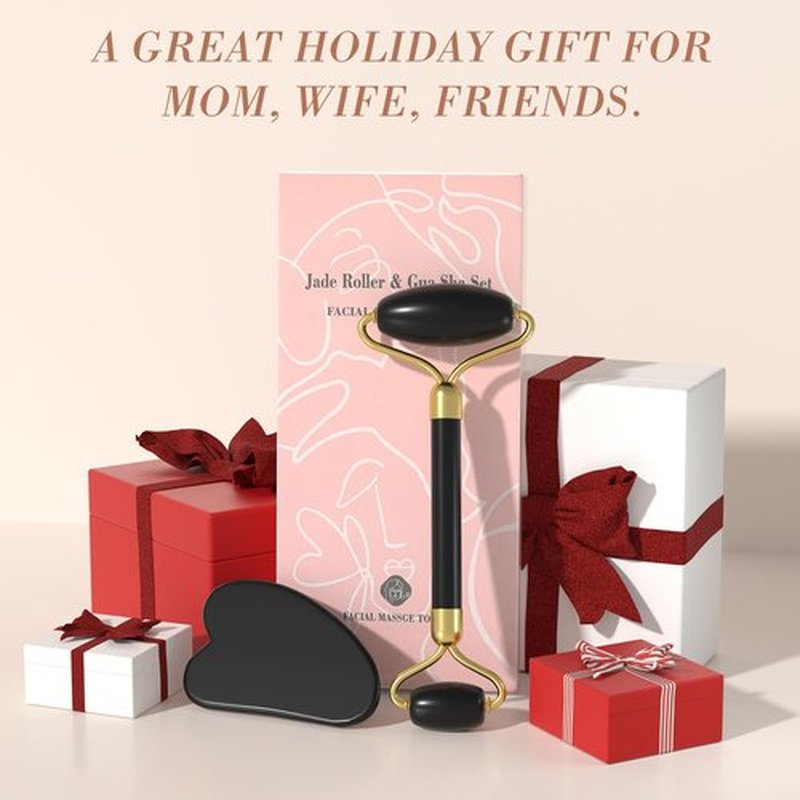 YLTNEUQER Jade Roller Gua Sha Set - Facial Skin Care Set, Facial Beauty Tools, Natural Beauty Skin Care Tools, Face Roller Massager for Face, Neck, and Eye Treatment,Gua Sha Facial Massager (Black)