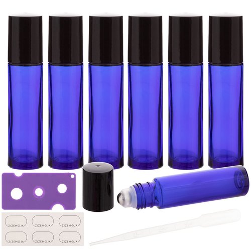 ZIZEMOJA 6Pcs 10ml Essential Oil Roller Bottles, with Stainless Steel Roller Balls, 10ml Blue Glass Roll on Bottles for Essential Oils, 1 Extra Roller Ball, 6 Labels, 1 Openers, 2 Droppers Included