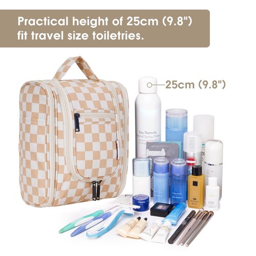 Narwey Small Hanging Toiletry Bag Women Travel Makeup Bag Organizer Toiletries Bag for Travel Size Essentials Accessories Cosmetics (Medium, Light Checkerboard-1)