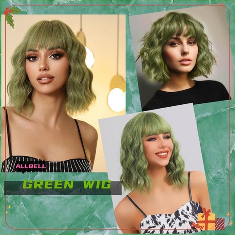 Allbell Olive Green Wigs for Women, Short Wavy Bob Wig,Bob Wig with Bangs,Synthetic Short Curly Wave Wigs, Costume Wig, Fiber Hair Wigs for Cosplay