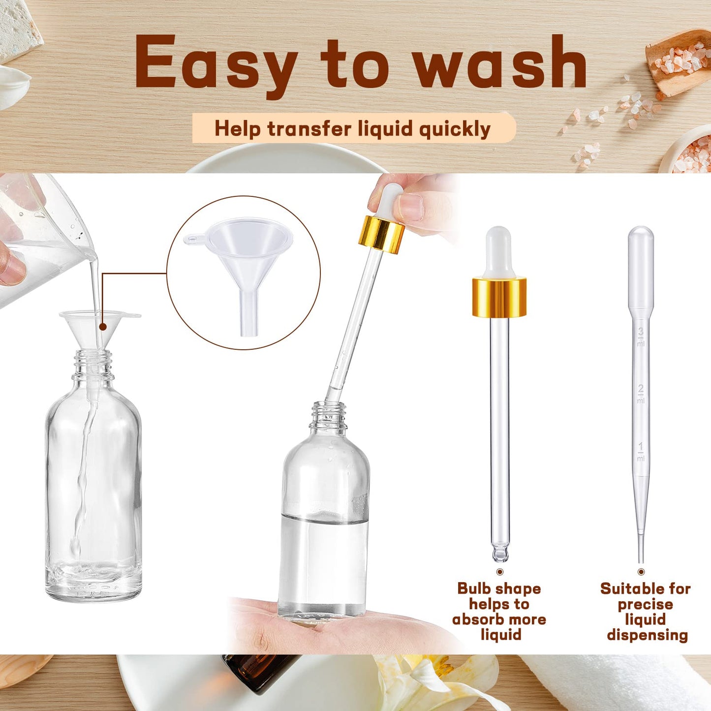 Tessco for you 20 Pack 3.4 oz Glass Dropper Bottles, 100 ml Glass Tincture Bottles with Eye Droppers with Funnel, Labels & Pipette for Essential Oil, Health, Personal Care & Beauty (Clear Gold)