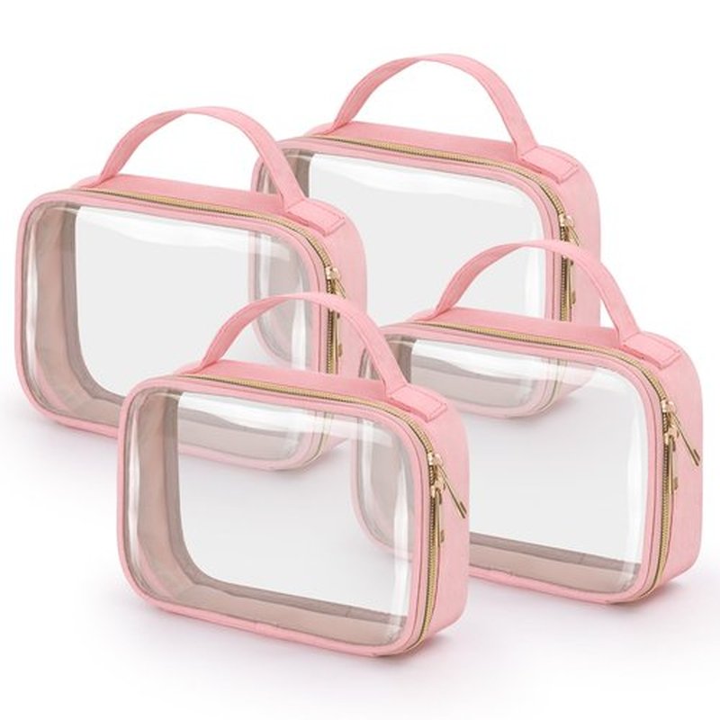 Wedama TSA Approved Toiletry Bag, 4 Pack Clear Makeup Bags with Handles, Quart Size Clear Toiletry Bags, PVC Clear Cosmetic Bags for Women and Men, Carry on Airport Airline Compliant Bag, Pink