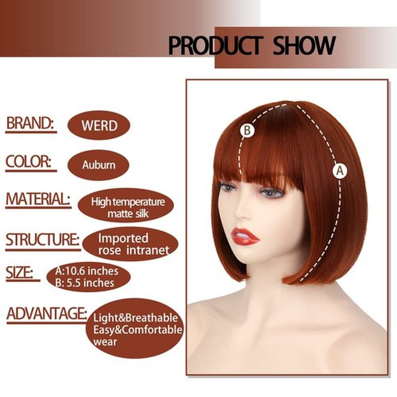 WERD Auburn Red Wig Bangs, Short Red Bob Wig for Women, Auburn Wig Bob with Bangs for Daily Party Cosplay