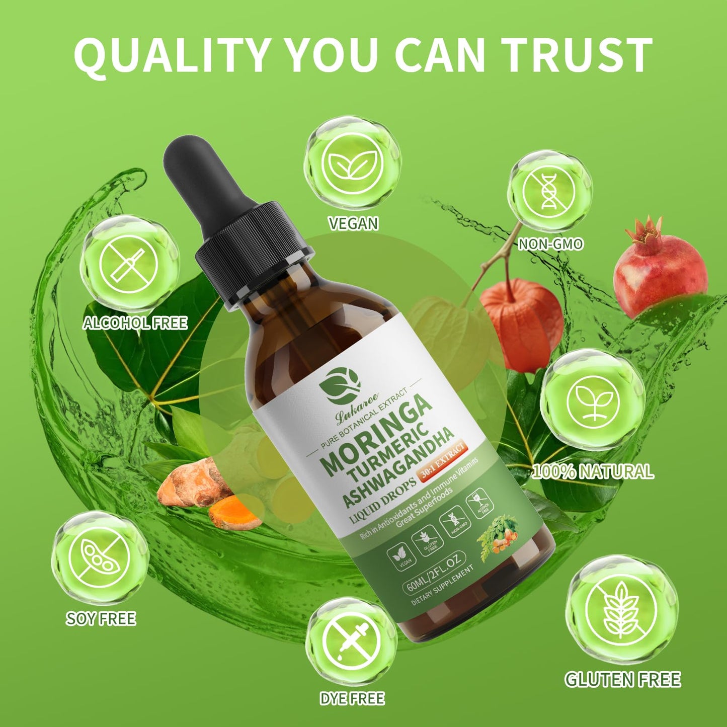 12-in-1 Organic Moringa Drops with Ashwagandha Turmeric Quercetin, Lipsomal 98% Absorption & Extract for Energy Immune Joint Digestive Metabolism, Vegan Non-GMO, More Potency Than Moringa Powder
