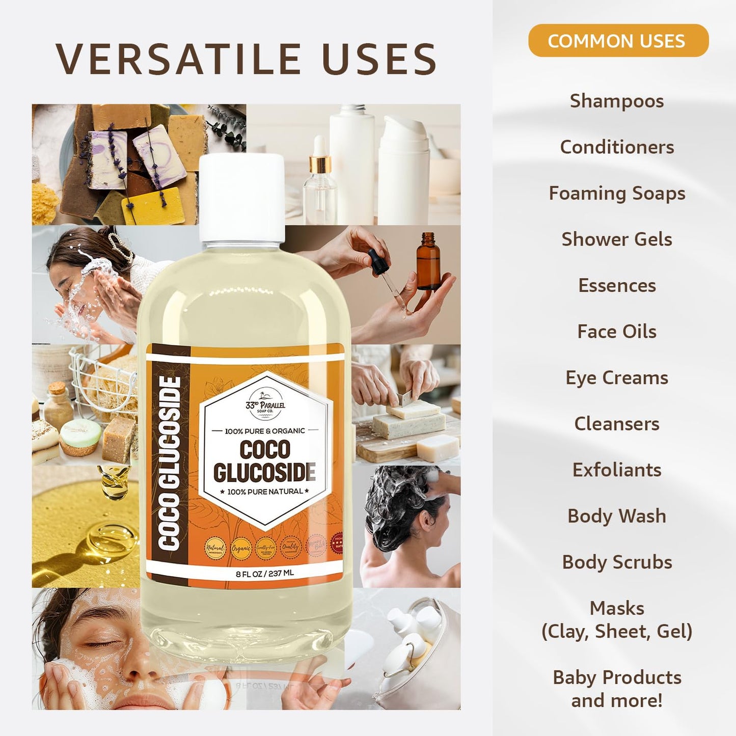 33rd Parallel | COCO GLUCOSIDE Surfactant (8 oz) | Natural Plant Derived | For DIY Cleansers, Shampoos, Conditioners, Moisturizers, Lotions, Makeup Removers, Baby Products | 8 Ounces