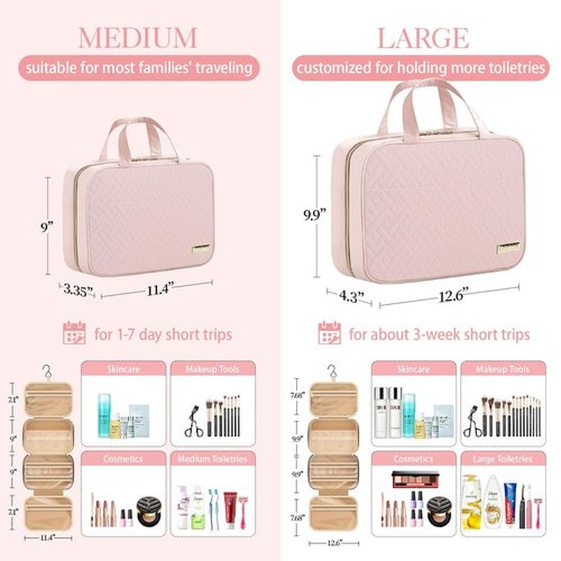 HOTOR Travel Toiletry Bag - Toiletry Bag w/Hanging Hook - Spacious Toiletry Bag for Women & Men, Makeup Bag/Big Comparment, Waterproof for Travel Accessories, Travel Essentials, Medium, Pink