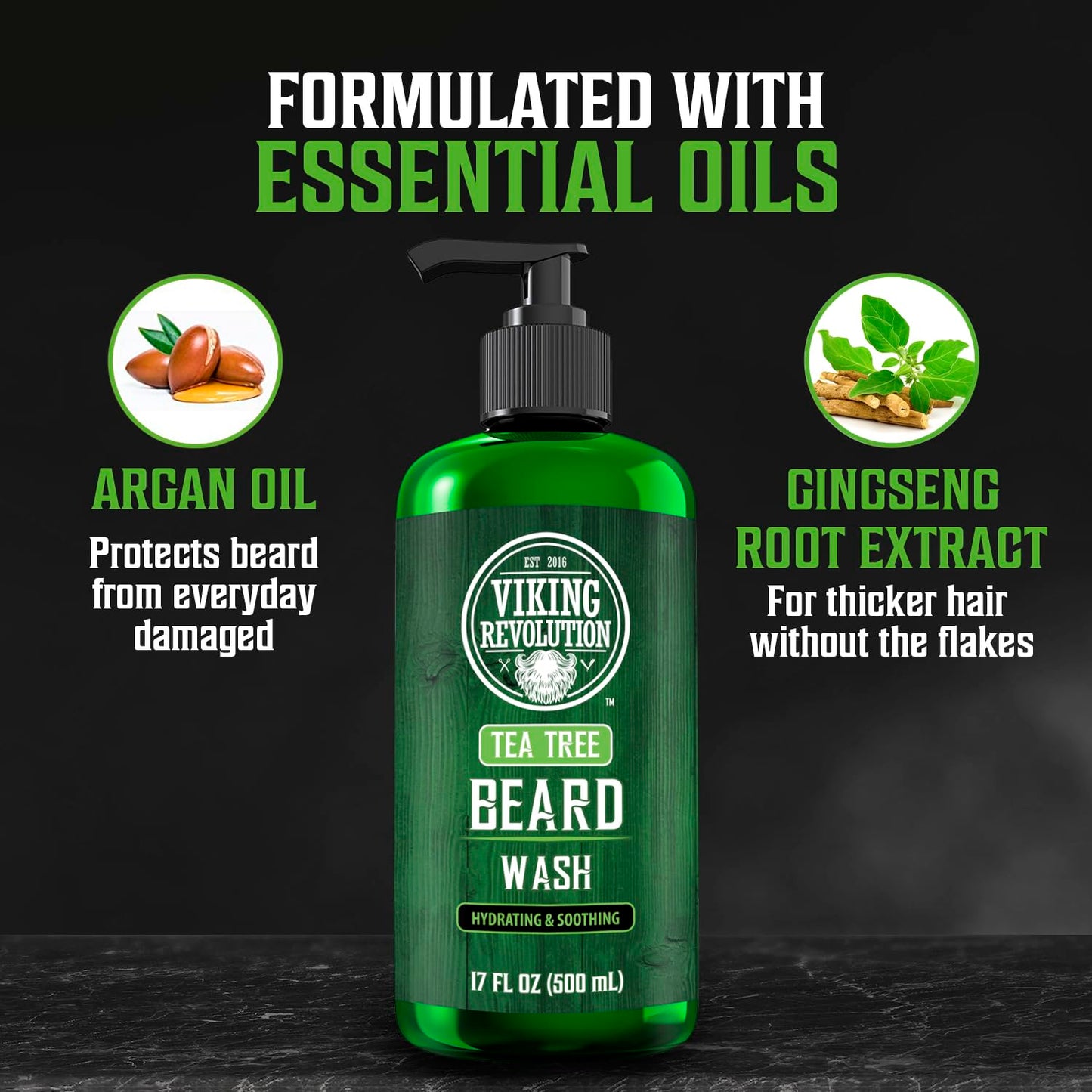 Viking Revolution Tea Tree Beard Wash for Men with Argan Oil and Ginseng Root Extract - Beard Softener and Strengthener Beard Shampoo with Olive Oil Beard Care to avoid Beard Dandruff and Itch (17oz)