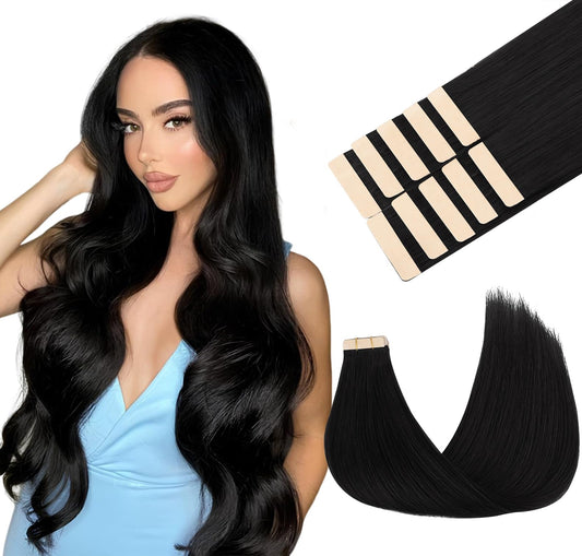 MAXITA Tape in Hair Extensions Human Hair 1B Natural Black 24 Inch 30g 10pcs Thick Ends Remy Human Hair Seamless Straight Human Hair Extensions Invisible Tape in Hair Extensions Human Hair