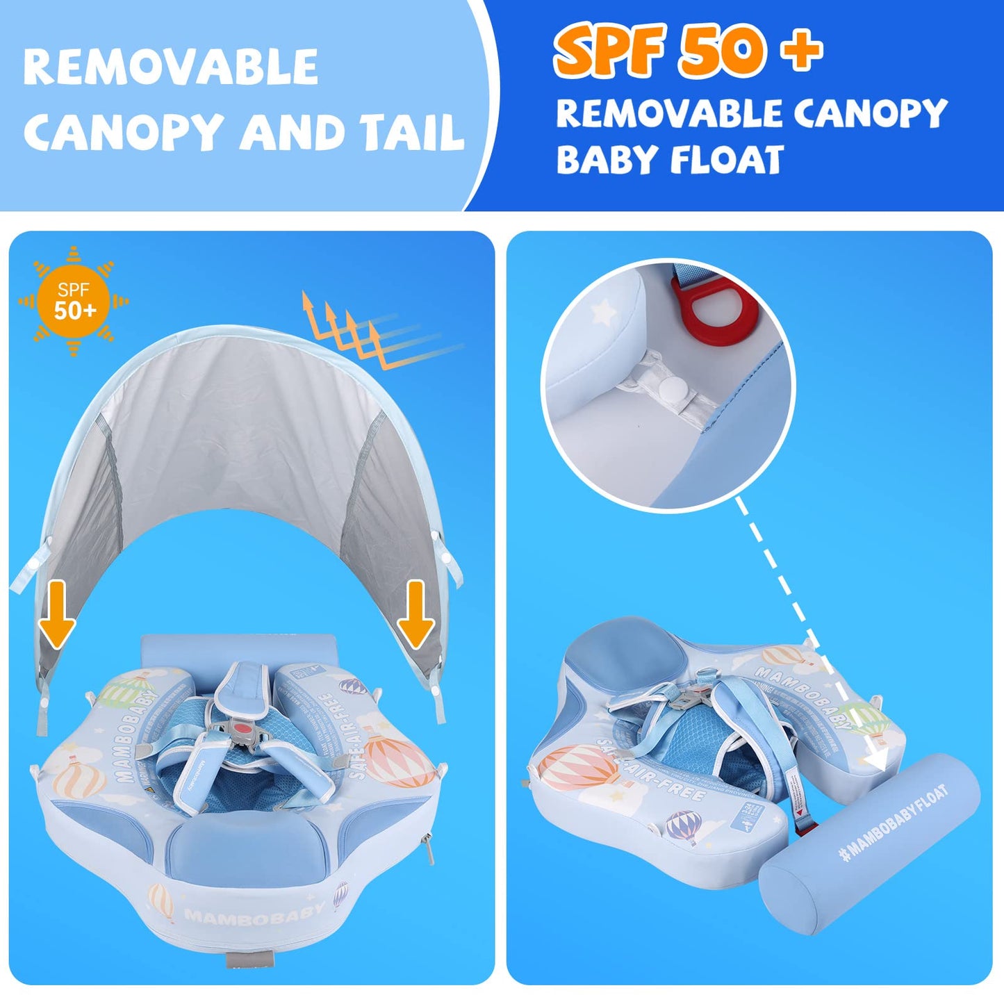 GENTEACO Mambobaby Baby Swim Float with Canopy 3-24 Months Non-Inflatable Infant Floats for Pool Add Tail Avoid Flip Skin-Friendly Material for Toddler Boys Girls(Blue)