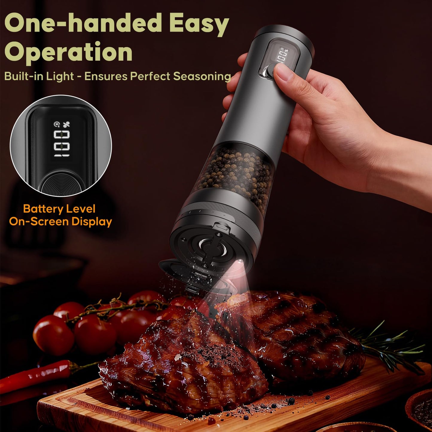 Electric Salt and Pepper Grinder Set - Rechargeable Salt Grinder with Led Power Display - Automatic Pepper Grinder with Storage Base - Pepper Mill with Light for Kitchen