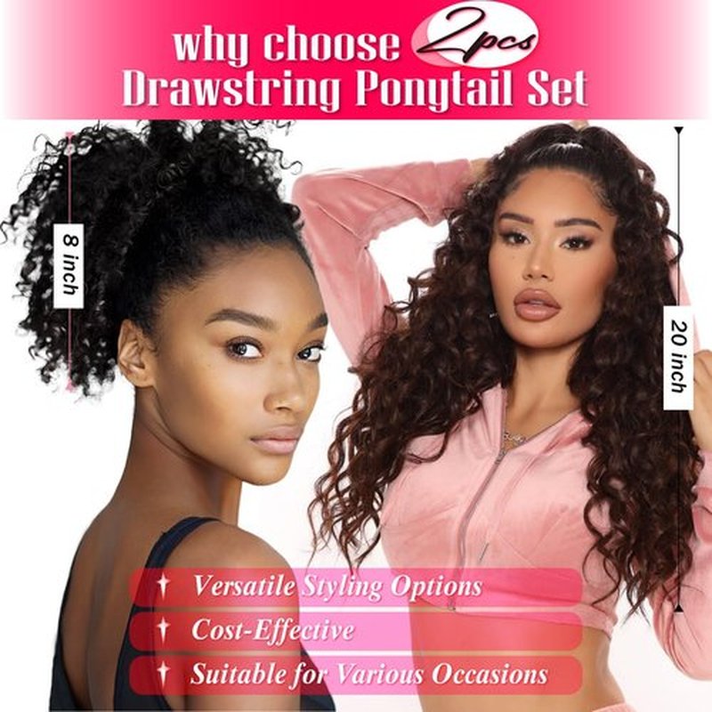 Adancyler 2PCS Ponytail Extension, 8" Messy Bun Hair Piece+20" Wavy Drawstring Ponytail Extensions Synthetic Hairpieces Pony Tails Hair Extensions for Women(T1B/30#)