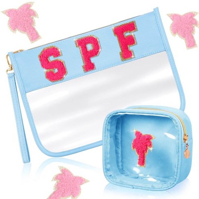 Hillban 2 Pcs Clear SPF Makeup Bag Chenille Letter Patch Sunscreen Bag Preppy Pouch Clear Cosmetic Toiletry Bag Zipper Purse Summer Beach Pool Sunscreen Bag(Spf Theme)