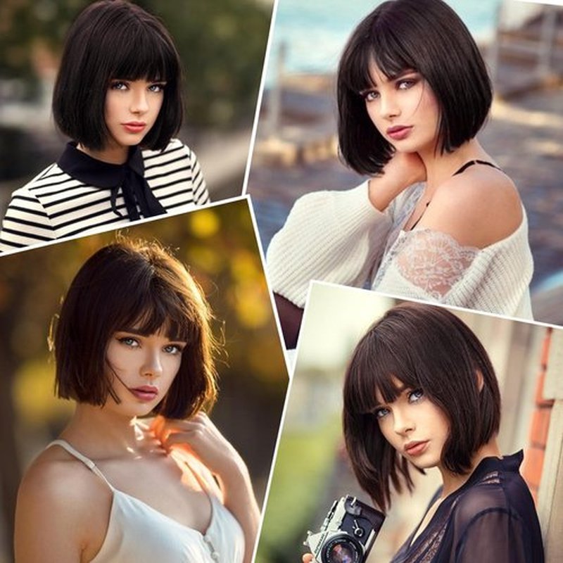 Aida ble Short Brown Bob Wig With Bangs Straight Bob Wigs for Women Brown Bob Synthetic Wig Super Soft and Easy to Wear Straight Bob Wig Colorful Synthetic Wig for Daily, Cosplay, Halloween