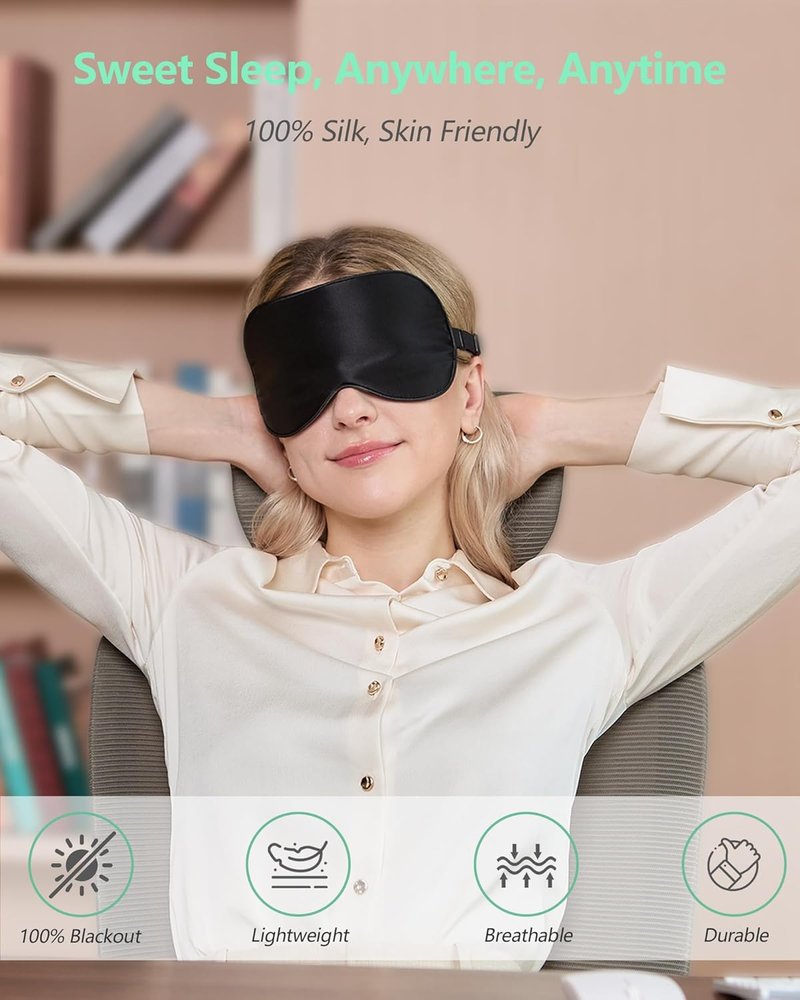 Real Mulberry Silk Sleep Masks - 2 Pack Adjustable Eye Masks | Block Light & Reduce Puffy Eyes (Black & Pastel Blue)