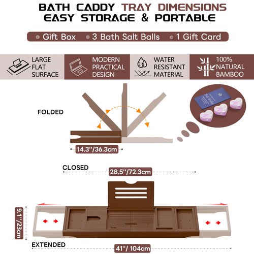 Yirilan Bathtub Caddy Tray, Foldable Bathroom Tray with Extending Side, and Waterproof Fabric Bookshelf, Luxury Bath Tray -Brown