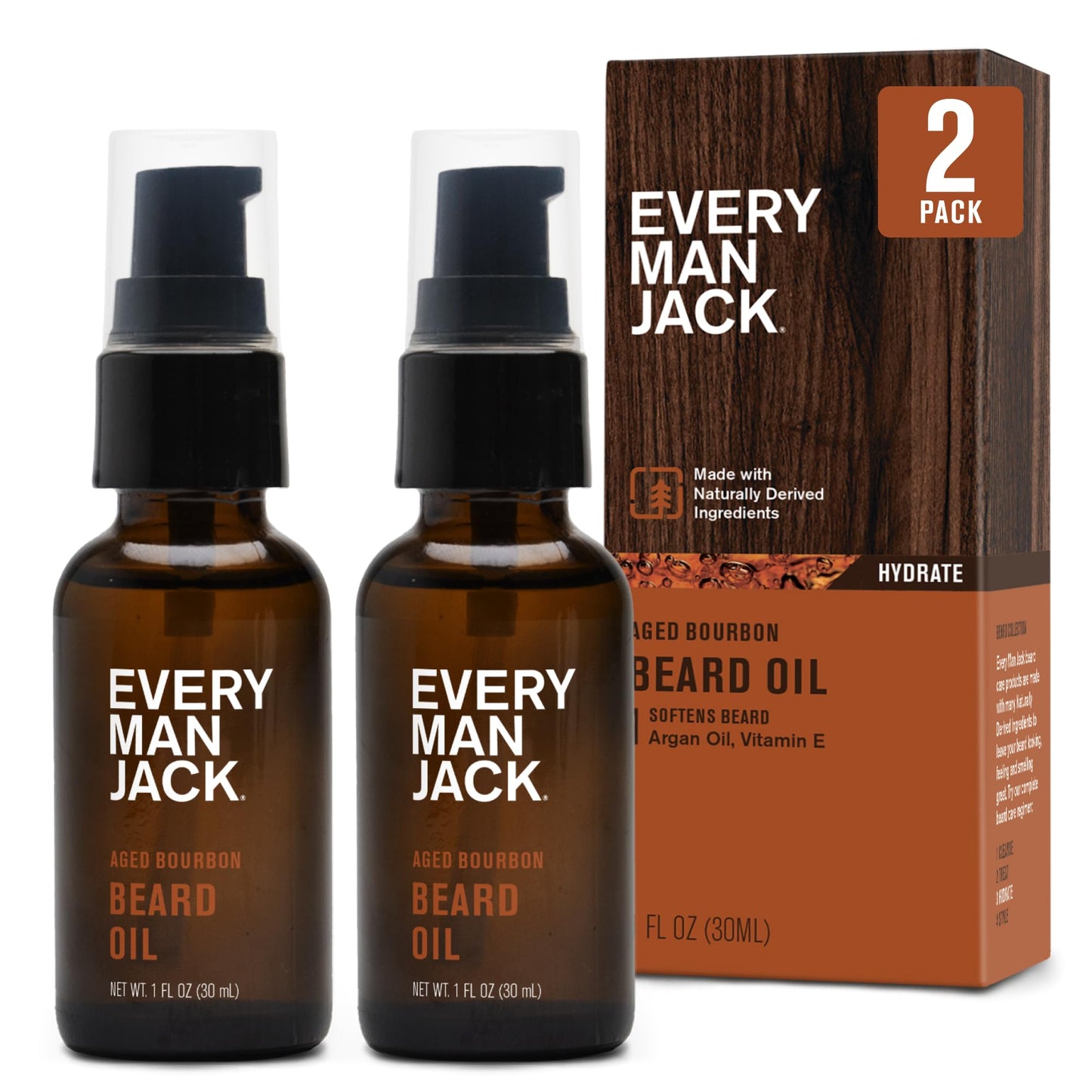 Every Man Jack Hydrating Beard Oil for Men, Aged Bourbon, 1oz (2pk)