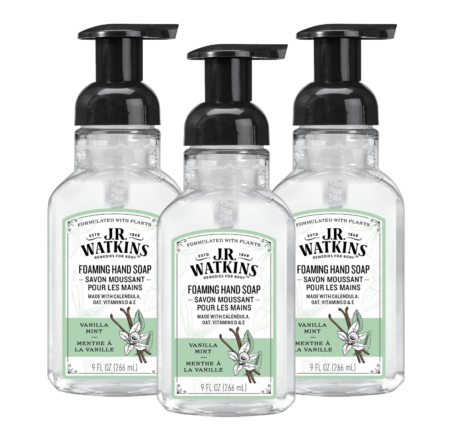 J.R. Watkins Foaming Hand Soap Pump with Dispenser, Moisturizing Hand Soap Foam, Alcohol-Free and Cruelty-Free, Use for Kitchen or Bathroom, Menthe a la Vanille/Vanilla Mint, 9 fl oz, 3 Pack