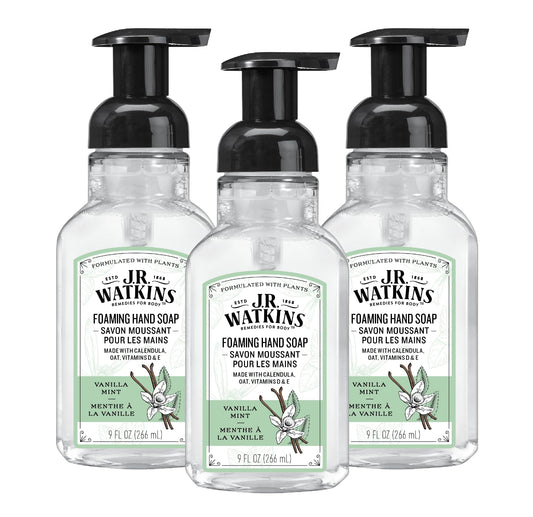J.R. Watkins Foaming Hand Soap Pump with Dispenser, Moisturizing Hand Soap Foam, Alcohol-Free and Cruelty-Free, Use for Kitchen or Bathroom, Menthe a la Vanille/Vanilla Mint, 9 fl oz, 3 Pack