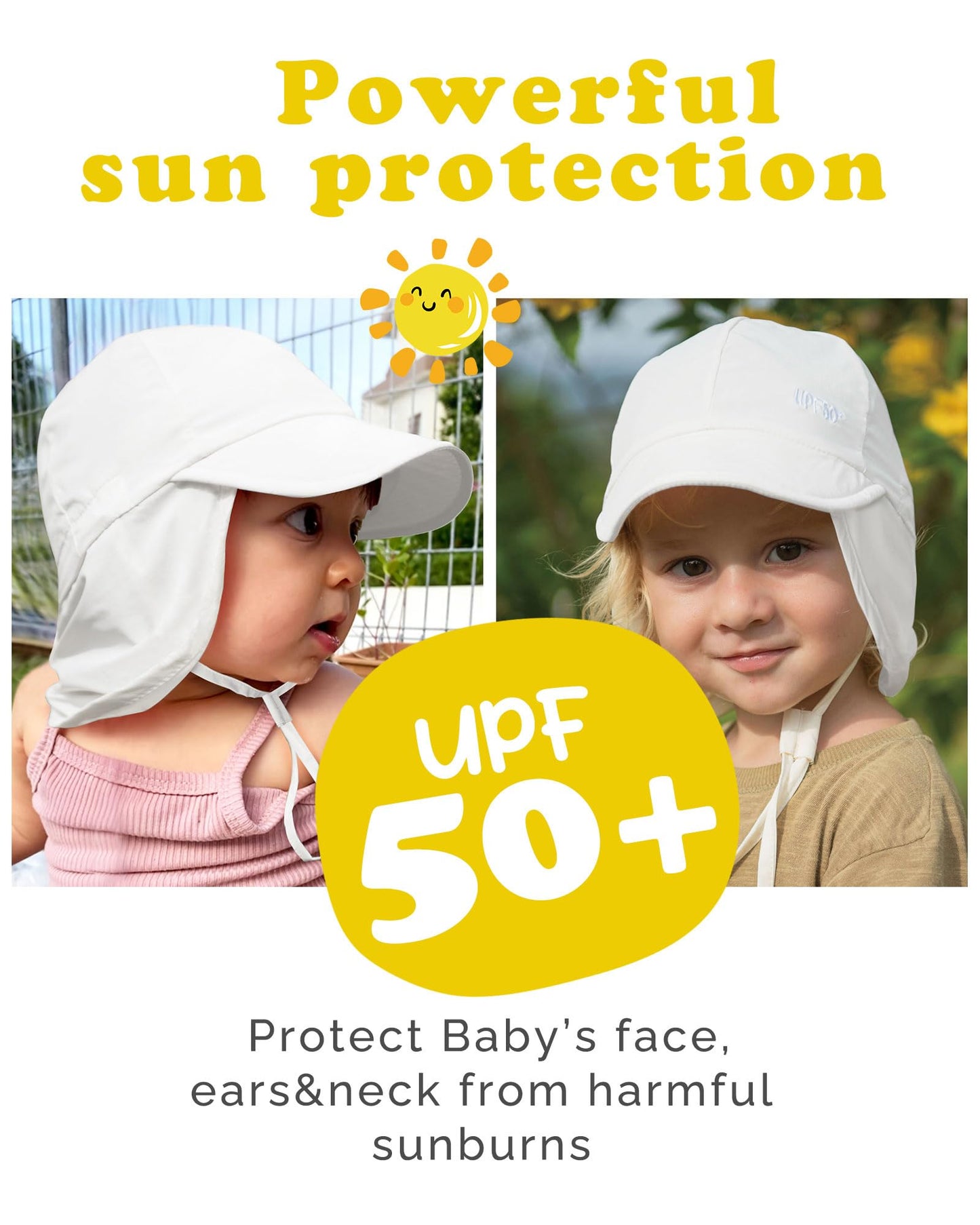 FURTALK Baby Sun Hat UPF 50+ Adjustable Baby Boys Girls Quick Drying Summer Beach Hat with Neck Flap for Traveling Swim Hat(White)
