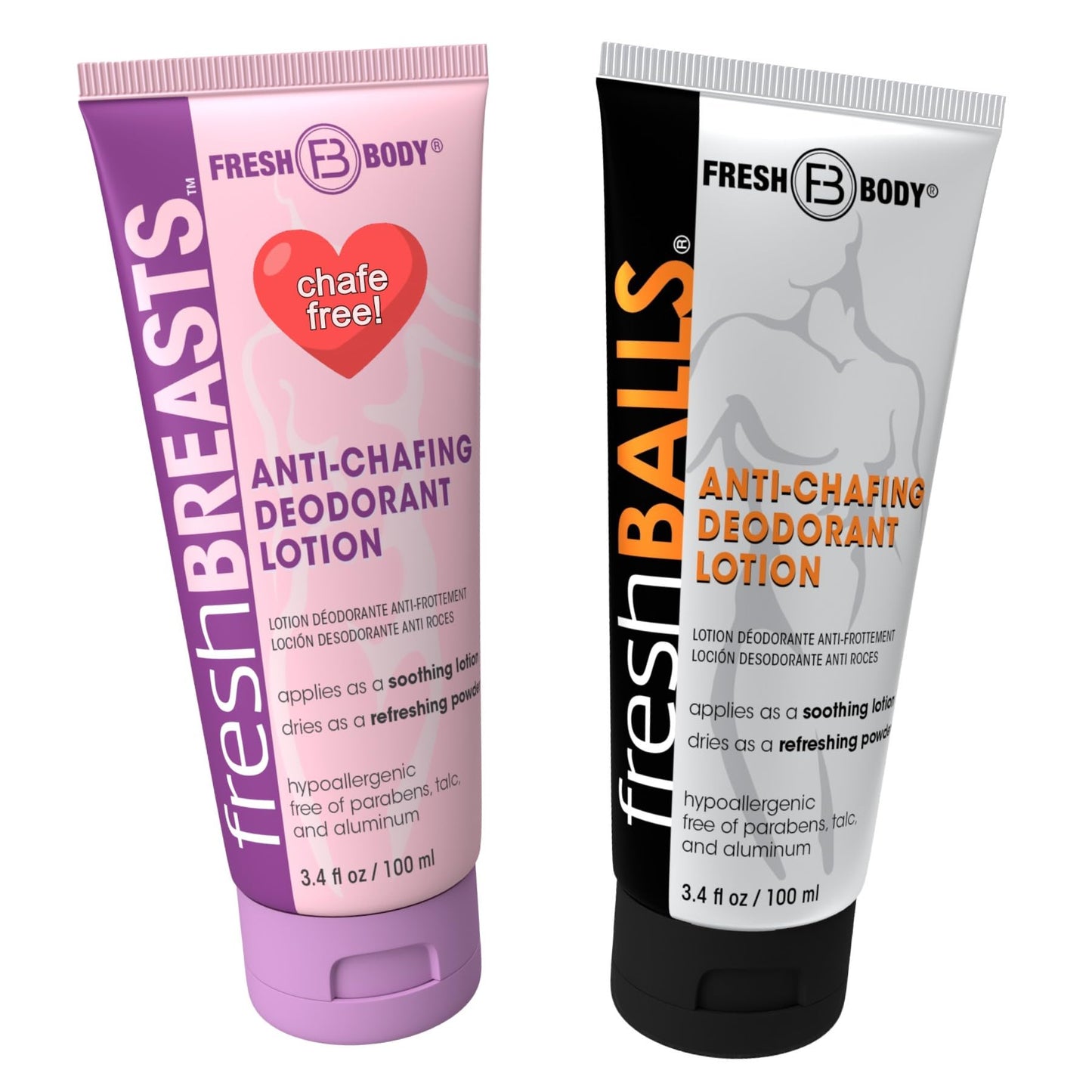 Fresh Breasts + Fresh Balls Anti-Chafing Cream, Deodorant Lotion to Powder for Men & Women, Anti-Friction Cream - Talc Free, Aluminum Free, 3.4 fl oz