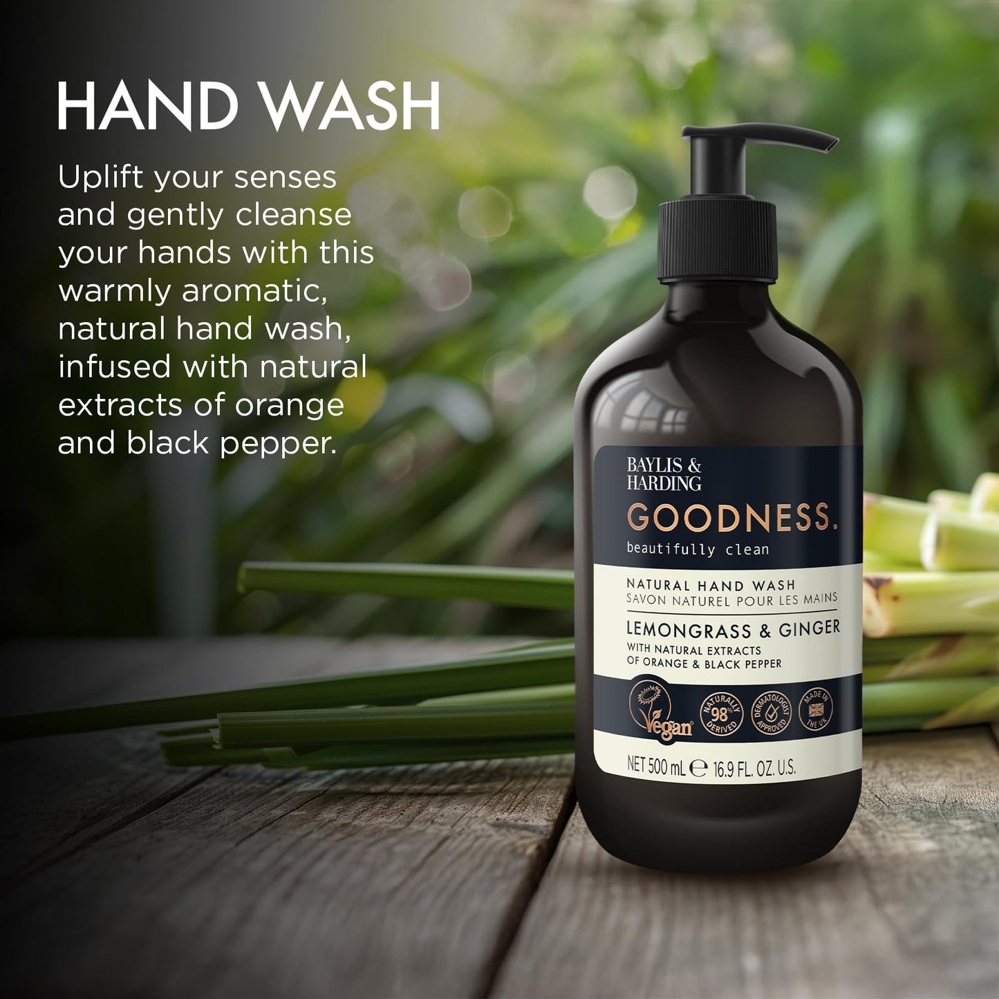 Baylis & Harding Liquid Hand Soap Wash with Dispenser, Goodness, Lemongrass & Ginger, 16.9oz/500ml (3-Pack)