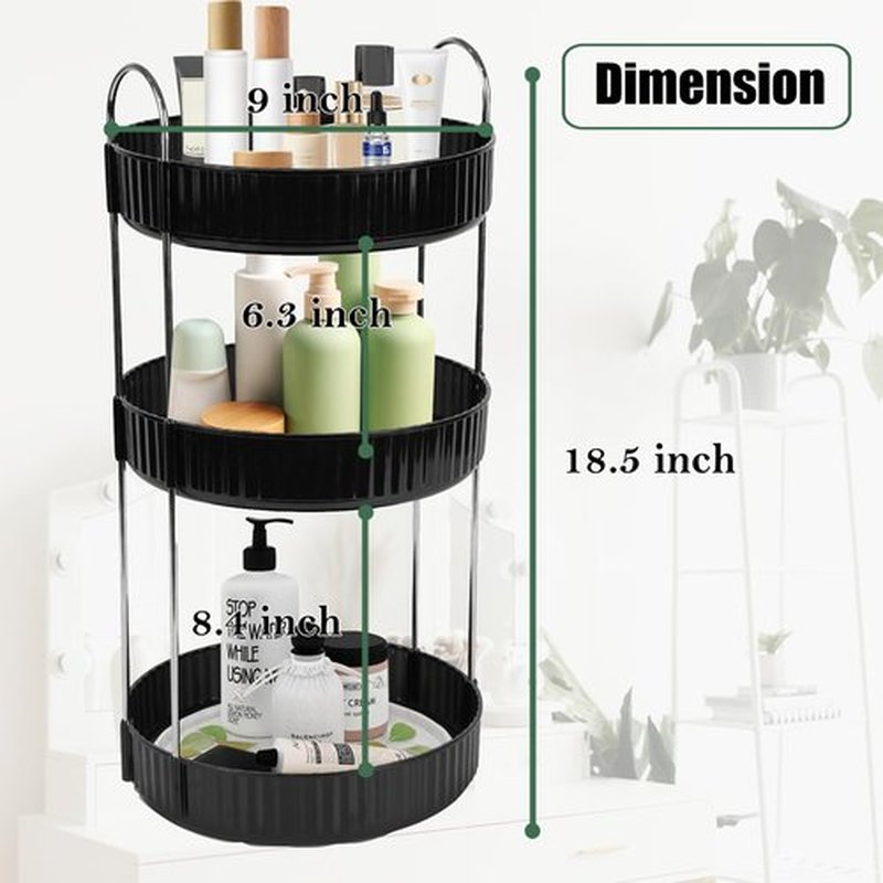 Zufudo Rotating Makeup Organizer 3 Tier Lazy Susan Trays Skincare Perfume Organizer for Bathroom Counter Vanity, Black