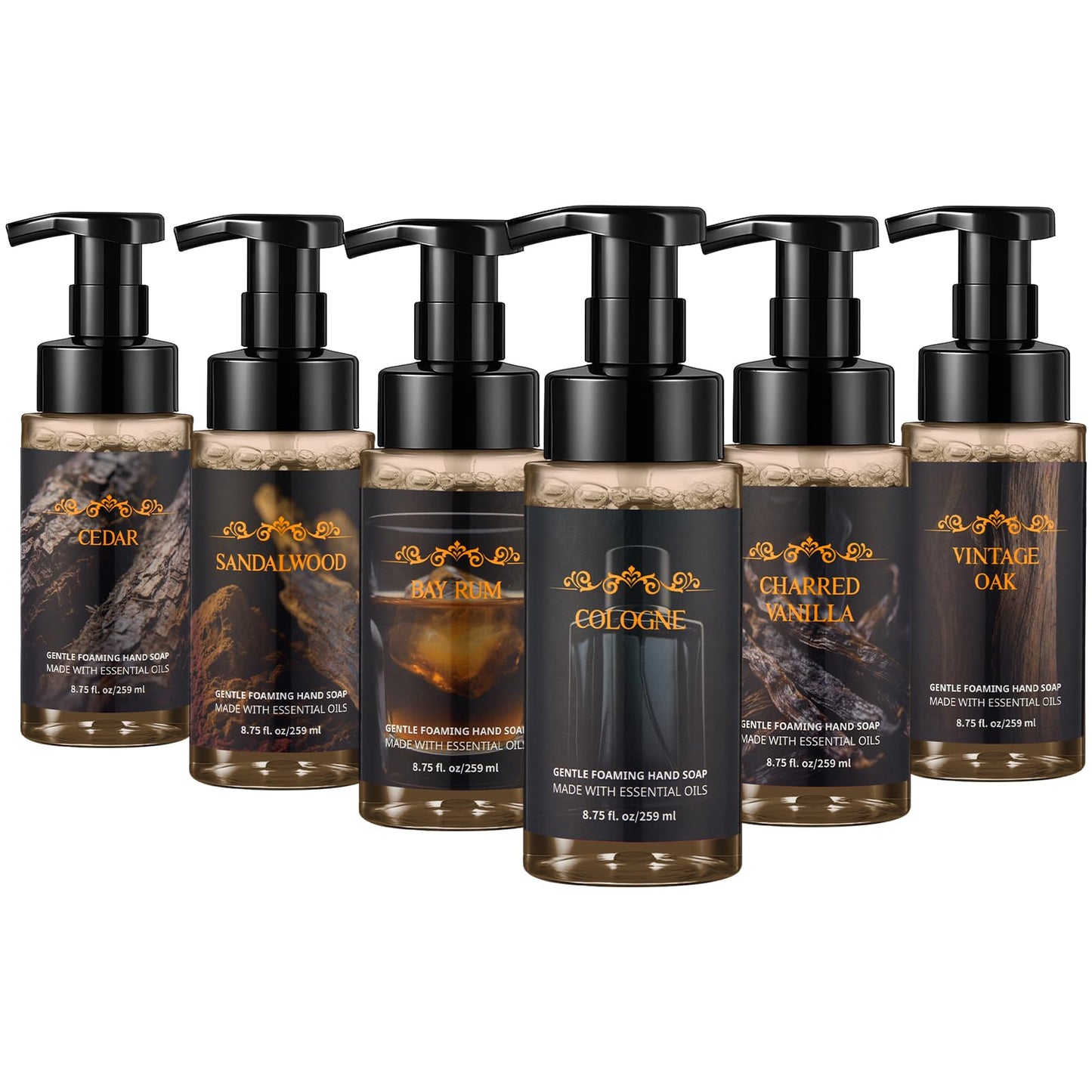 Swiffen 6 Pack Men's Foaming Hand Soap with Pump Care Moisturizing Liquid Gentle Foam Hand Wash Cedar, Sandalwood, Bay Rum, Cologne, Charred Vanilla, Vintage Oak for Kitchen or Bathroom