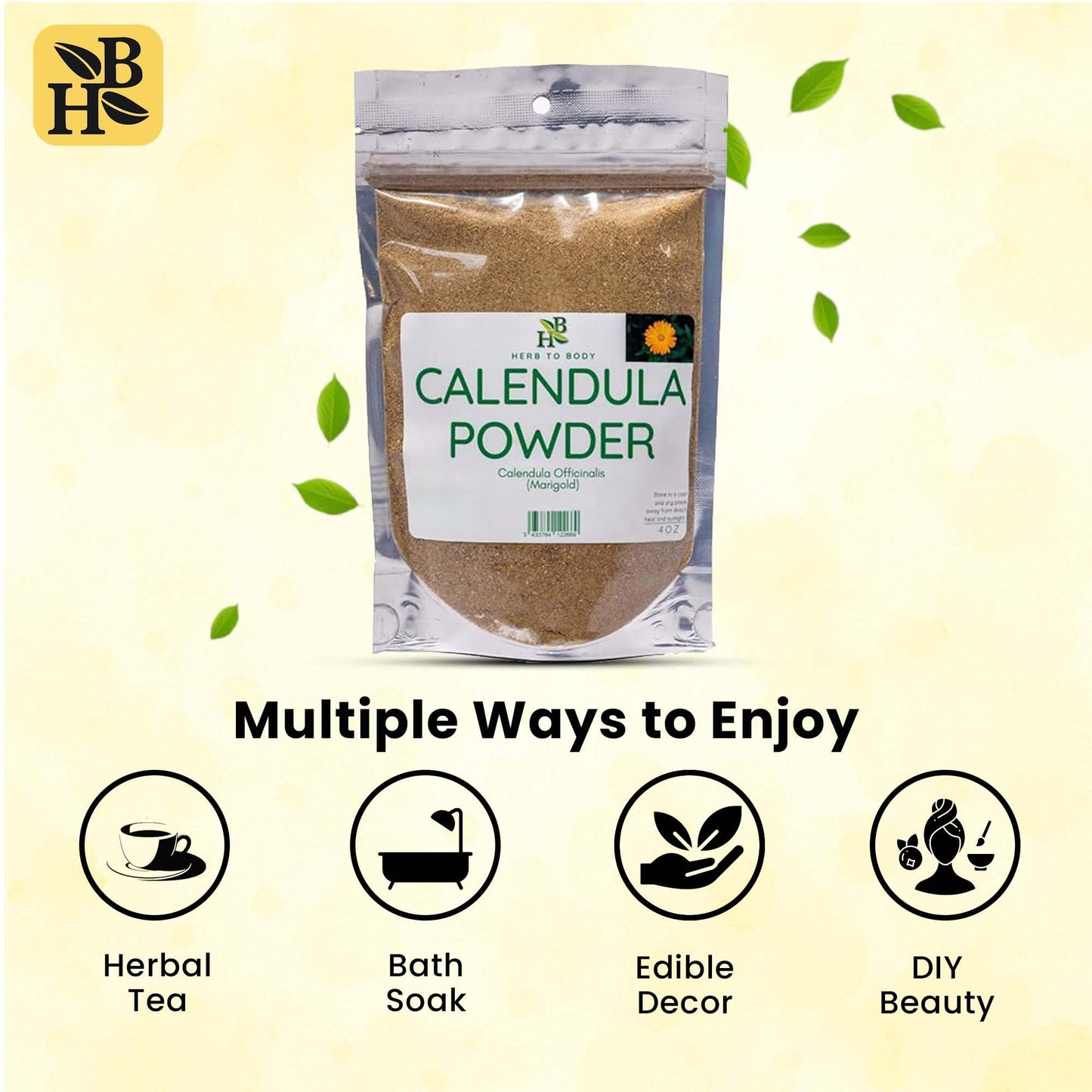 Herb To Body Calendula Powder – 4 oz, Wildcrafted Dried Marigold Flowers Powder for Calendula Tea, Body Care, and Edible Flowers Uses