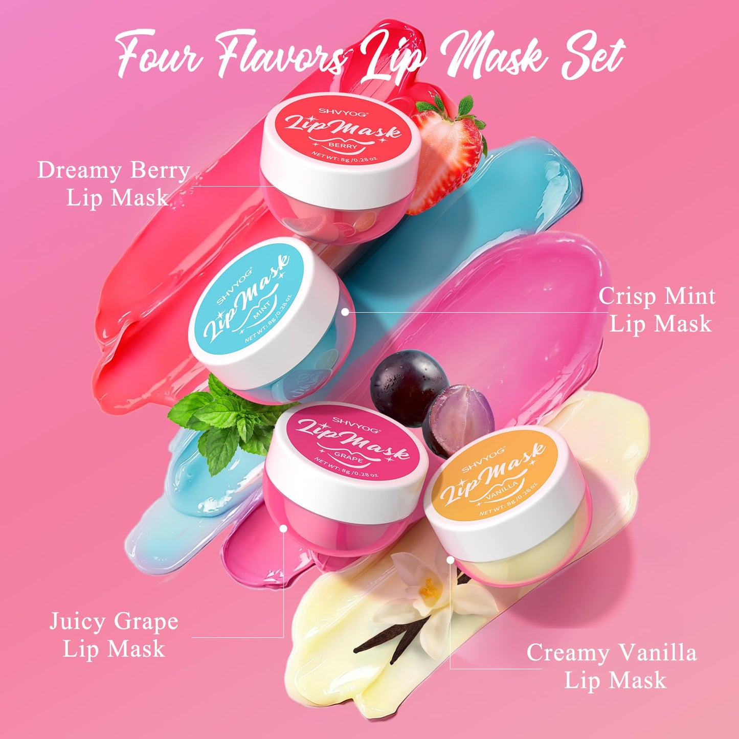 4 Pack Lip Mask Set, Hydrating Lip Mask Overnight - Berry, Grape, Mint, Vanilla Flavors, Lip Sleeping Mask Nourish Lip Balm with Vitamin C & Shea Butter | Dry Lips Care Gift