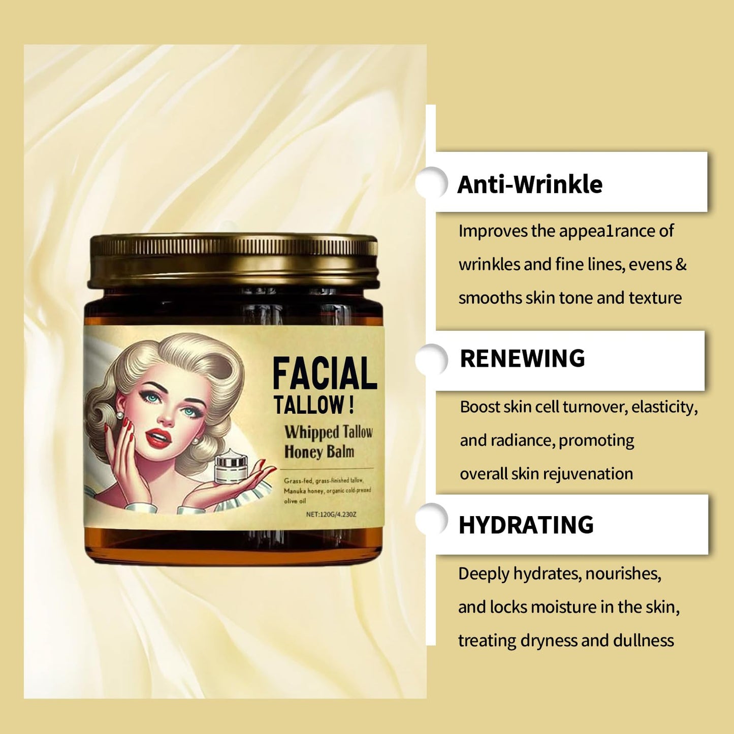 Whipped Tallow Honey Balm, Advanced Tallow and Honey Balm, Whipped Beef Tallow and Manuka Honey Balm, Beef Tallow for Skin, Moisturizing Skincare Natural Ingredients Suitable for All Skin Types (2 Pack)