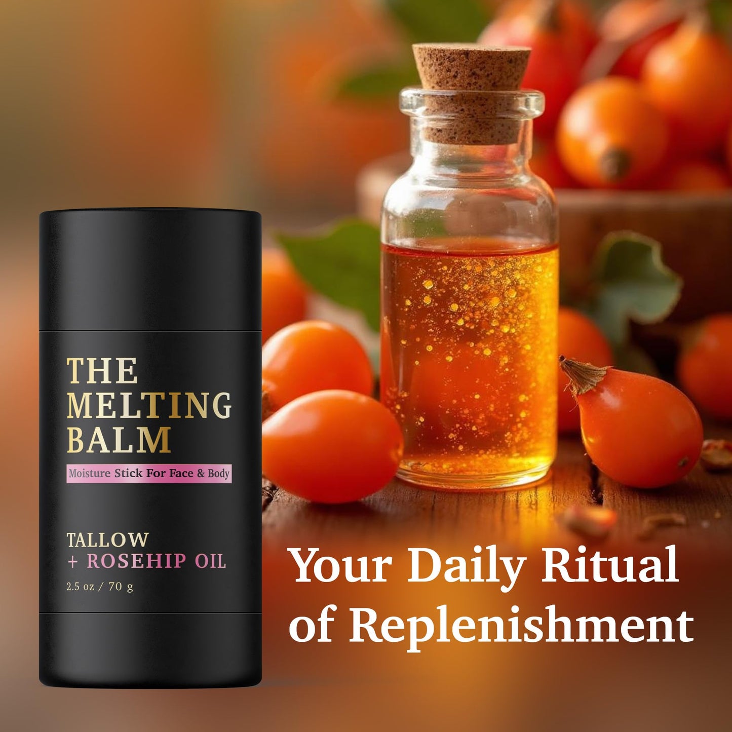 The Melting Balm - Tallow + Rosehip Oil Moisture Stick for Face & Body | 100% Grass Fed Tallow Balm | Clean Solid Moisturizer for Dry Sensitive Skin | Instant Relief & Continuous Recovery | 2.5 oz