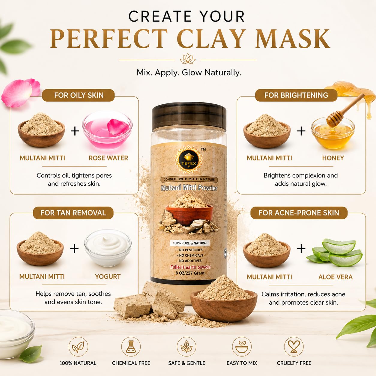 TEFEX ENTERPRISES Multani Mitti Powder (Fuller’s Earth) – 227 Grams / 8 oz | 100% Natural Clay for Face Mask, Skin Detox & Oil Control | Airtight Bottle