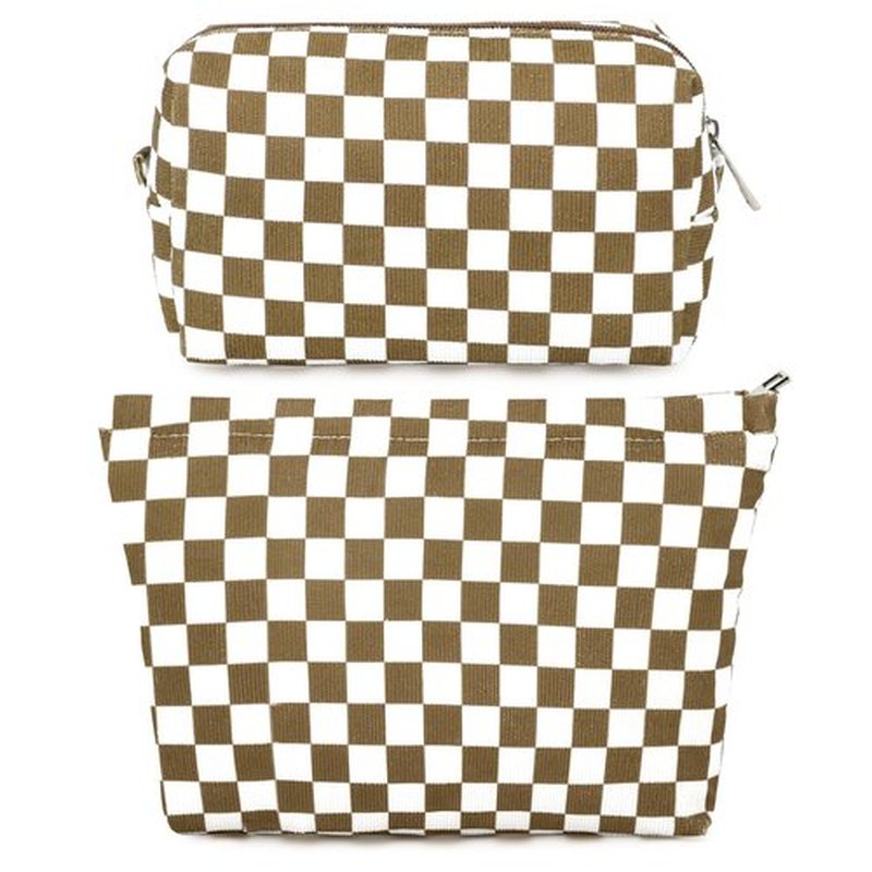 SOIDRAM 2 Pcs Checkered Makeup Bag Large Cosmetic Bag Toiletry Bag Makeup Pouch Travel Bag Organizer Cute Makeup Brushes Aesthetic Accessories Storage Bag for Women Coffee Brown