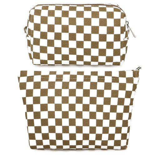 SOIDRAM 2 Pcs Checkered Makeup Bag Large Cosmetic Bag Toiletry Bag Makeup Pouch Travel Bag Organizer Cute Makeup Brushes Aesthetic Accessories Storage Bag for Women Coffee Brown