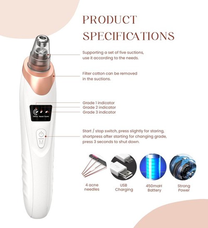 2024 Blackhead Remover Pore Vacuum,Facial Pore Cleaner-5 Suction Power,5 Probes,USB Rechargeable Blackhead Vacuum Kit Electric Acne Extractor Tool for Adult (White)