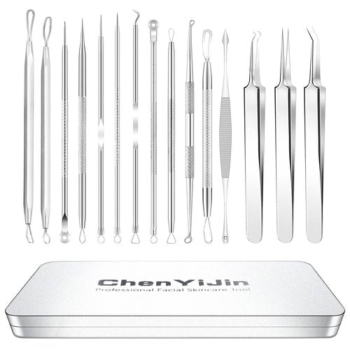 15 PCS Blackhead Remover Pimple Popper Tool Kit,Black Head Removal Extractor for Acne Comedone Whitehead Popping Zit Blemish Facial Skin Care Tools with Metal Case