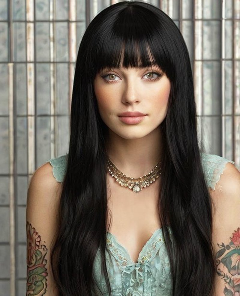 MaxlaceWig Black Wig with Bangs for Women, Long Black Wig 28 Inch Black Straight Synthetic Wig Natural Looking Heat Resistant Fiber Guleless Wig for Daily Party Use Long Colorful Cosplay Halloween Wig