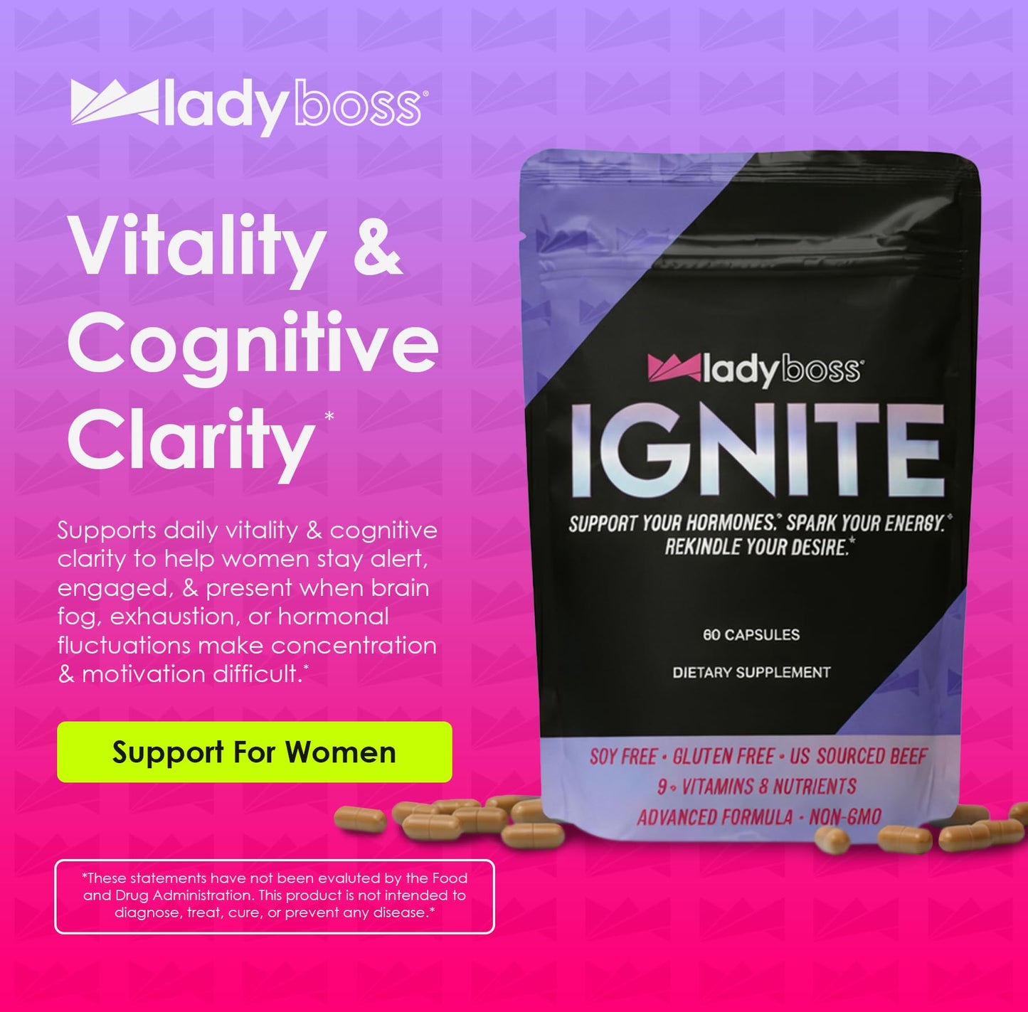 LadyBoss Ignite Hormone Balance Supplement for Women – Bloat Relief, Mood Support & Natural Energy – Premium Red Maca & Zinc Formula for Daily Vitality – 60 Capsules