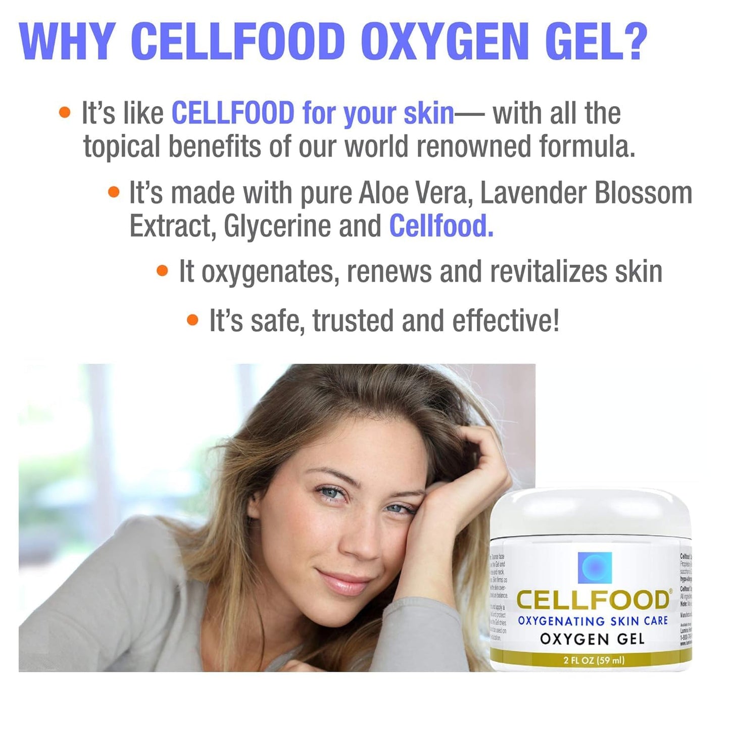 Cellfood Oxygen Gel, 2 fl oz - Nutrient Rich - Provides Moisture & Protection, Decreases Appearance of Fine Lines - Aloe Vera, Lavender Blossom Extract, Cellfood & Glycerine - Hypoallergenic, Non-GMO